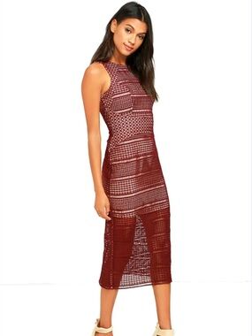 Keepsake Sweet Nothing Burgundy Lace Midi Dress